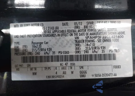 2012 Ford Focus Se из США, поврежденный, VIN 1FAHP3F22CL421400